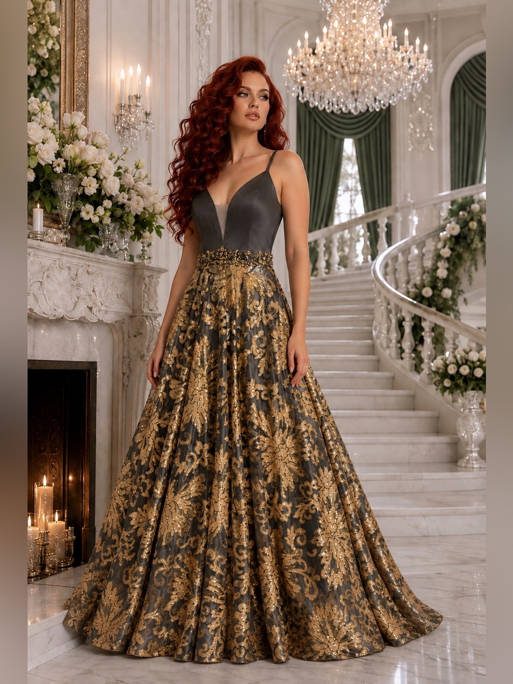 NWT ASPEED Charcoal Gray Gold Sequin Ball Gown Wedding Military Gala Dress Sz L